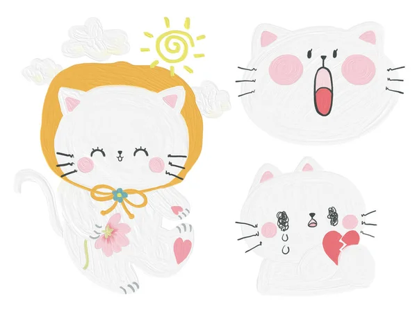 Cute Biały Kot Charakter Kawaii Ładny Styl Doodle Emocji Obiektów — Zdjęcie stockowe