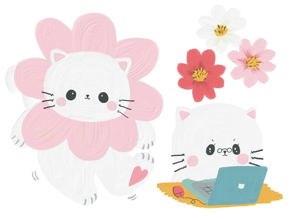 Schattig Wit Kat Karakter Kawaii Mooie Stijl Doodle Emotie Objecten — Stockfoto