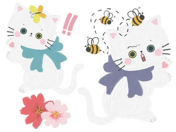 Roztomilý Bílá Kočka Charakter Kawaii Pěkný Styl Doodle Emoce Objekty — Stock fotografie