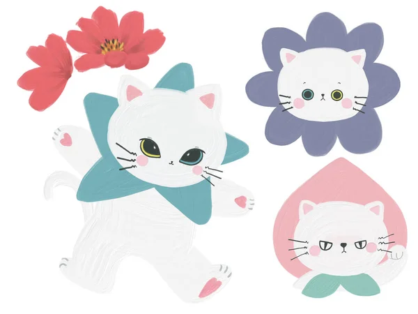 Cute Biały Kot Charakter Kawaii Ładny Styl Doodle Emocji Obiektów — Zdjęcie stockowe