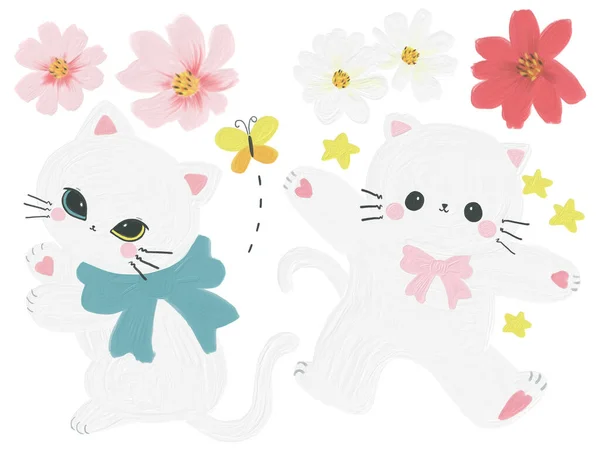 Lindo Gato Blanco Carácter Kawaii Estilo Bonito Doodle Emoción Objetos — Foto de Stock