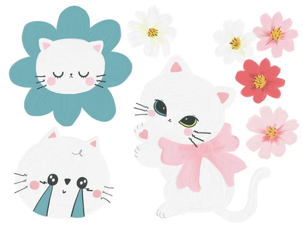 Aranyos Fehér Macska Karakter Kawaii Csinos Stílus Firka Érzelem Tárgyak — Stock Fotó