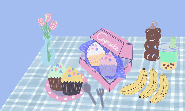 Cupcake cafe Pretty elements kawaii object sweet dessert digital clipart for cover, banner, border, greetings