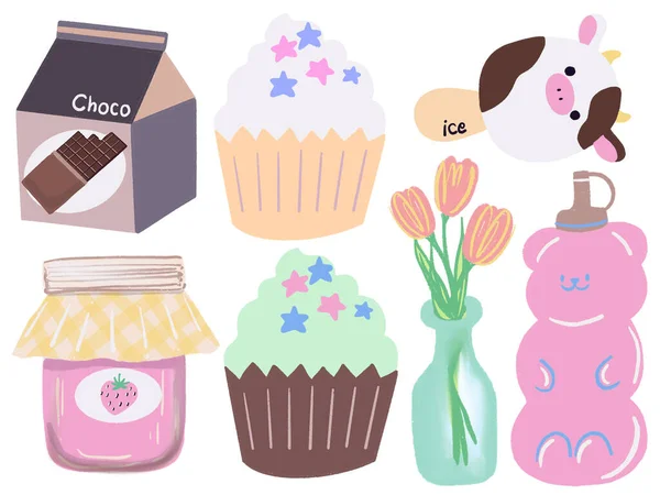 Cupcake Cafe Mooie Elementen Kawaii Object Zoet Dessert Geïsoleerde Elementen — Stockfoto