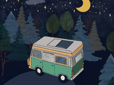 Poster kartpostalı karavan kamp arabası orman yürüyüşü seyahat baskı kağıdı, ambalaj ürünü, selamlama
