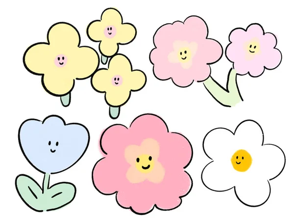 Doodle Lindo Color Pastel Flores Carácter Kawaii Para Pegatina Invitación —  Fotos de Stock