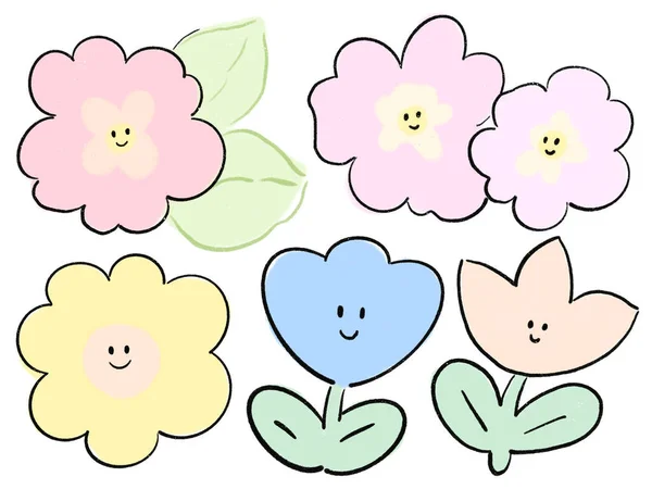 Doodle Ładny Kwiat Pastel Kolor Charakter Kawaii Dla Naklejki Zaproszenie — Zdjęcie stockowe