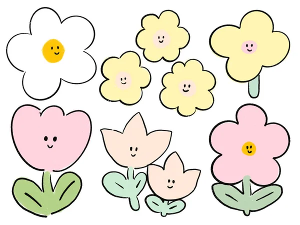 Doodle Mignon Personnage Couleur Pastel Fleur Kawaii Pour Autocollant Invitation — Photo