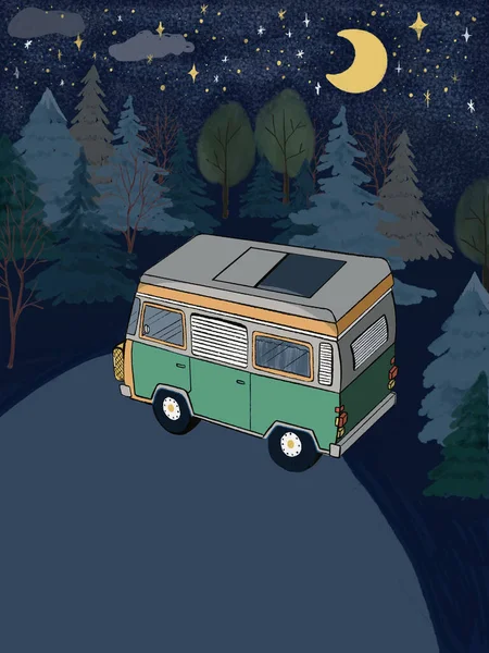 Poster Kartpostalı Karavan Kamp Arabası Orman Yürüyüşü Seyahat Baskı Kağıdı — Stok fotoğraf