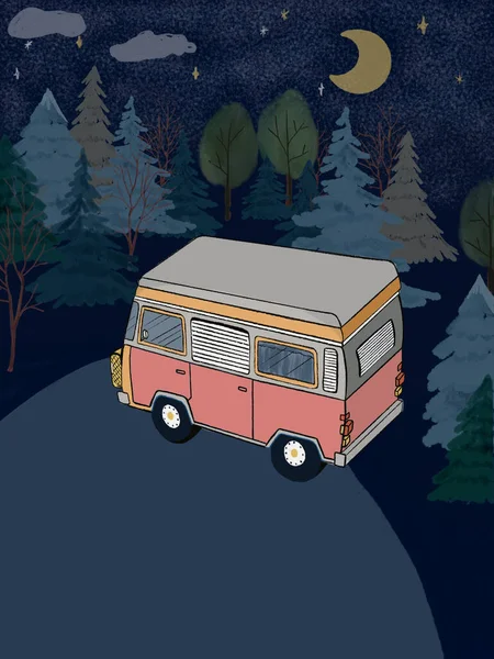 Poster Postkarte Wohnwagen Camping Gruppe Auto Wald Wandern Garten Reise — Stockfoto