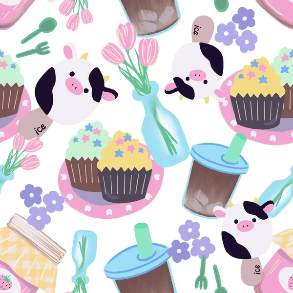 Naadloze Patroon Ingrediënten Achtergrond Cupcake Bakkerij Dessert Chocolade Lekker Voor — Stockfoto