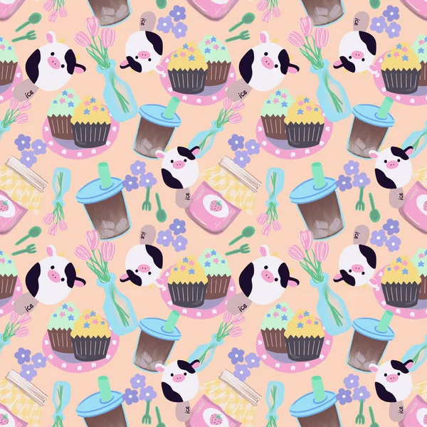 Naadloze Patroon Ingrediënten Achtergrond Cupcake Bakkerij Dessert Chocolade Lekker Voor — Stockfoto