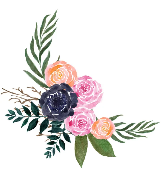 Bukiet Kwiat Róża Piwonia Ramka Obramowanie Akwarela Ilustracja Dla Pocztówka — Zdjęcie stockowe