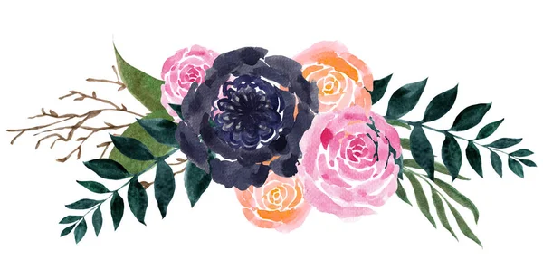 Kytice Květiny Růže Pivoňka Rámeček Akvarel Ilustrace Pro Pozdrav Karty — Stock fotografie