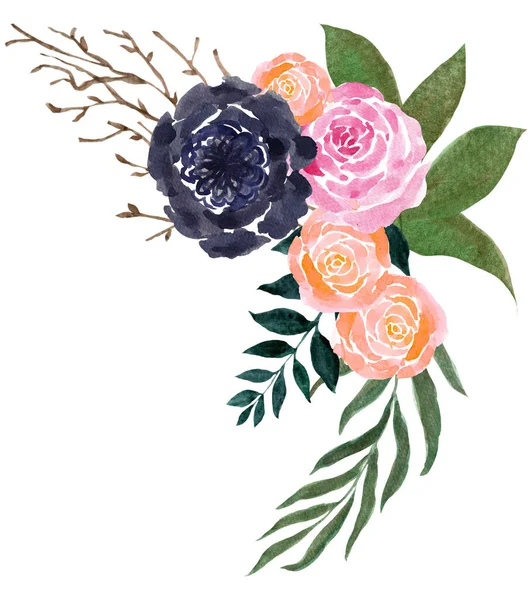Kytice Květiny Růže Pivoňka Rámeček Akvarel Ilustrace Pro Pozdrav Karty — Stock fotografie