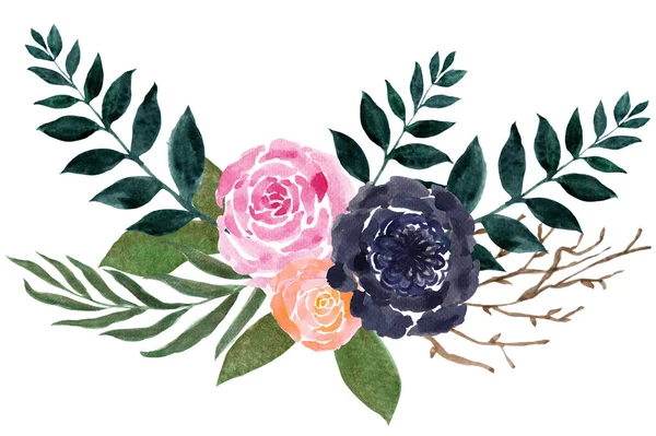 Bukett Blomma Ros Pion Ram Gräns Akvarell Illustration För Hälsningskort — Stockfoto