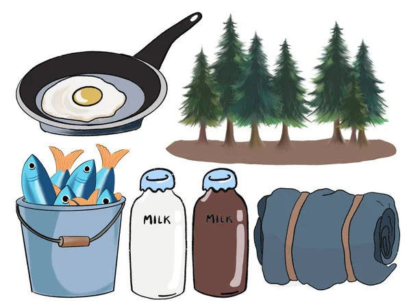 Elementos Camping Recreación Aire Libre Dibujados Mano Aislados Sobre Fondo — Foto de Stock