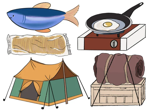 Elementos Camping Recreación Aire Libre Dibujados Mano Aislados Sobre Fondo —  Fotos de Stock
