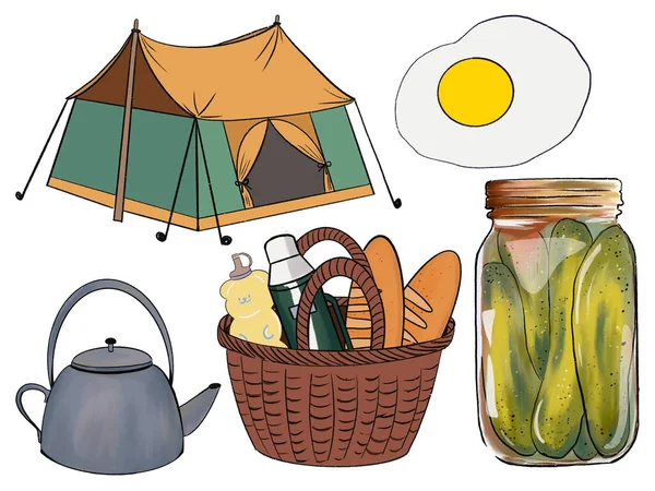 Hand drawn camping and outdoor recreation elements, isolated on white background. digital clipart illustration Cute collection of icons perfect for summer camp flyers and posters
