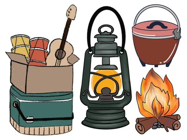 Hand drawn camping and outdoor recreation elements, isolated on white background. digital clipart illustration Cute collection of icons perfect for summer camp flyers and posters