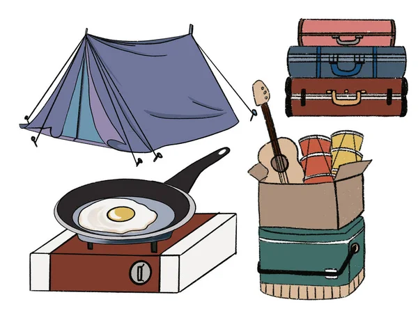 Elementos Camping Recreación Aire Libre Dibujados Mano Aislados Sobre Fondo —  Fotos de Stock