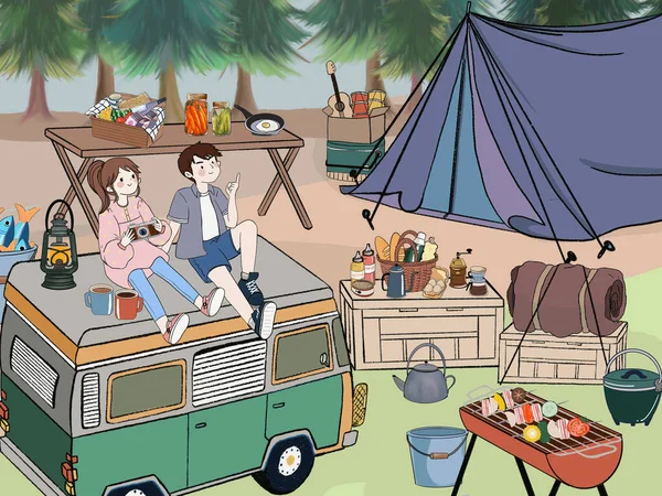 Camping Illustratie Mensen Caravan Kamp Ontspannen Het Bos Camping Voor — Stockfoto
