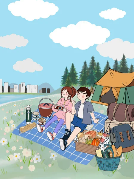 Sommer Frühling Zelten Freien Familien Picknick Party Auf Gras Zelt — Stockfoto