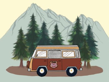 Minibüs, kayalık dağlar, çam ormanları, kamp ateşleri, yürüyüş sırt çantaları, yön işaretleri, karavanlar, açık hava turizmi sahneleri.