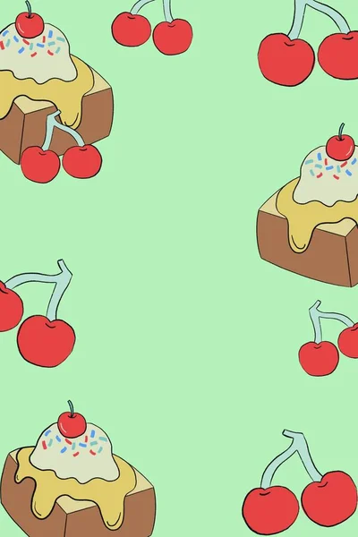 Vanilyalı Dondurma Ballı Ekmek Vişneli Meyve Şablon Çerçeve Pankart Kutlama — Stok fotoğraf