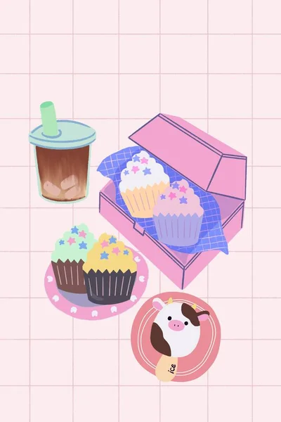 Cupcake Καφέ Και Πίνοντας Παγωτό Doodle Αγελάδα Χαριτωμένο Φαγητό Και — Φωτογραφία Αρχείου