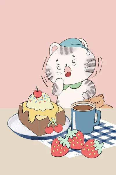 Kitty Emlős Kisállat Tevékenység Érzelem Vicces Étkezési Ivási Sablon Keret — Stock Fotó