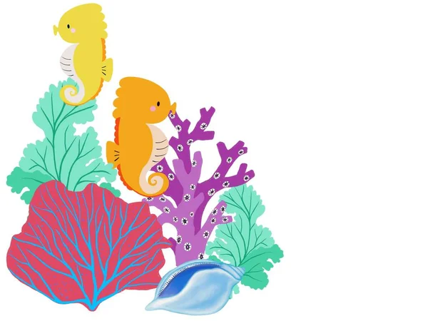 Korálový Útes Barevný Mořský Koník Ilustrace Pozdrav Pozvánka — Stock fotografie