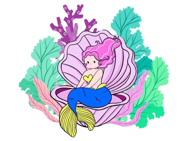Koraalrif Kleurrijke Zeemeermin Schelp Schelpdieren Illustratie Groeten Uitnodiging Kaart — Stockfoto
