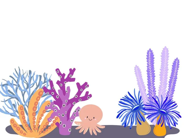 Barriera Corallina Colorato Calamaro Illustrazione Auguri Biglietto Invito — Foto Stock
