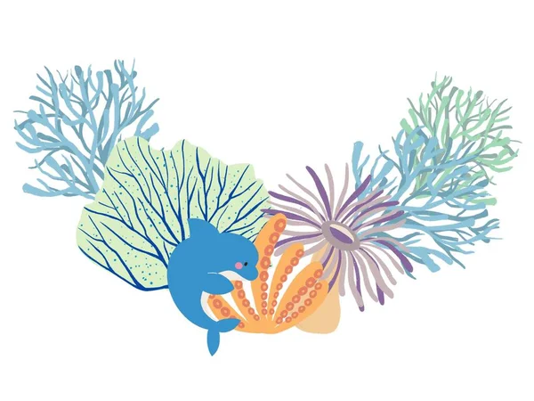 Barriera Corallina Colorato Delfino Illustrazione Auguri Biglietto Invito — Foto Stock