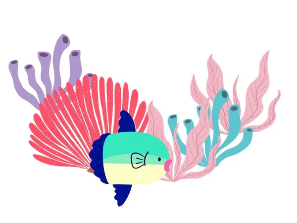 珊瑚礁五彩斑斓的太平洋太阳鱼图解问候邀请卡 — 图库照片