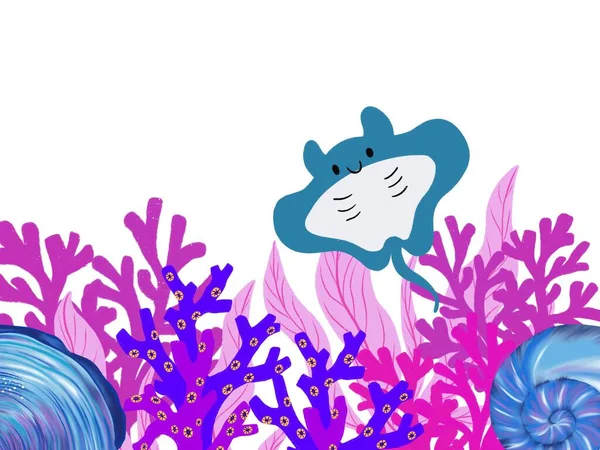 Korallrev Färgglada Ray Fisk Illustration Hälsningar Inbjudan Kort — Stockfoto