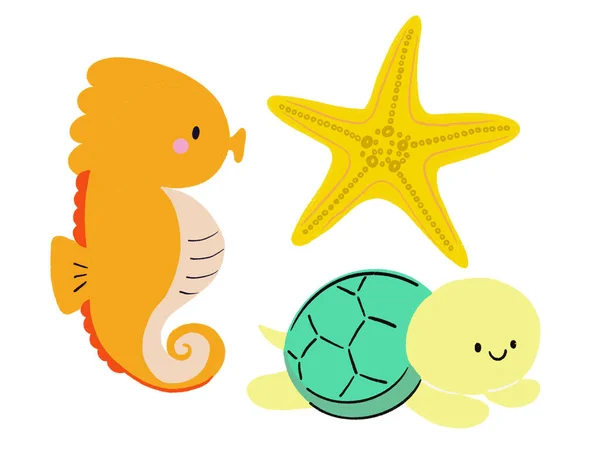 Sea Horse Starfish มหาสม ภายใต ทะเล Doodle วละครน — ภาพถ่ายสต็อก