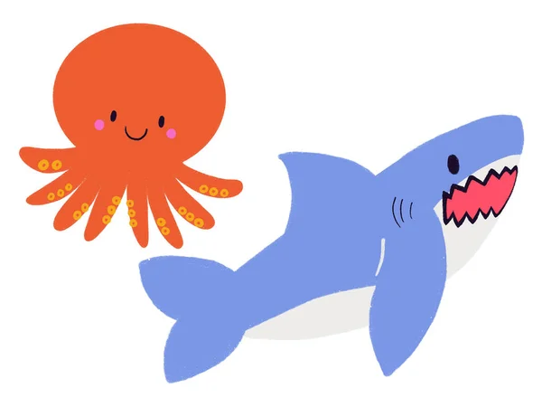 Tintenfisch Und Shark Doodle Illustration Isolierte Elemente Auf Weißem Hintergrund — Stockfoto