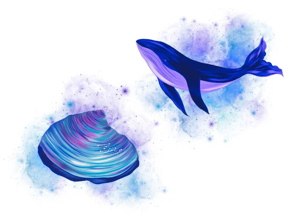 鲸鱼和贝类闪烁着幻想仙女般的神奇海洋 — 图库照片