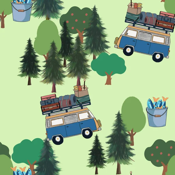 Camping Wohnwagen Hintergrund Nahtlose Muster Touristen Reisen Erkunden Zeichnung Malerei — Stockfoto