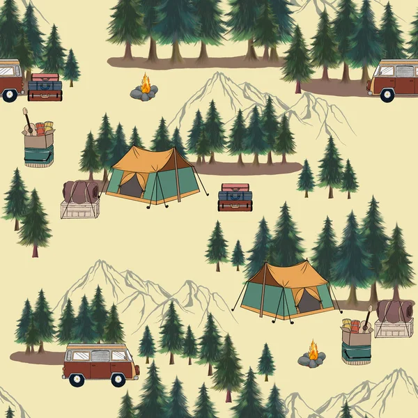 Camping Caravana Fondo Patrón Sin Costuras Turista Viajar Explorar Dibujo —  Fotos de Stock
