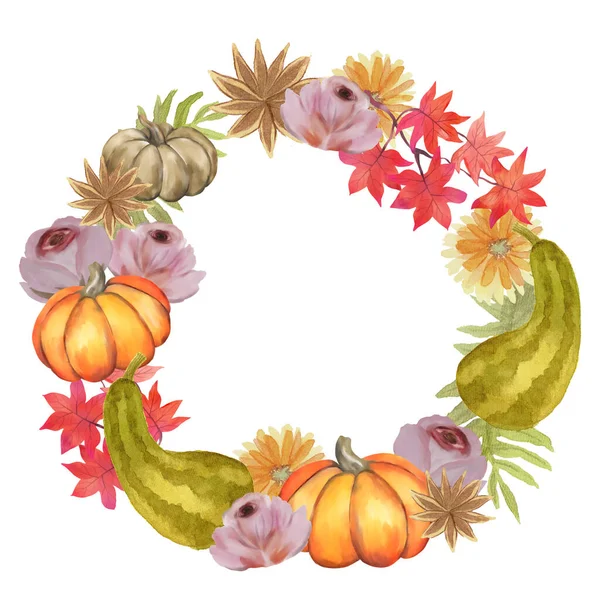 Στεφάνι Στρογγυλό Πρότυπο Φθινόπωρο Σεζόν Φθινόπωρο Κολοκύθα Και Λουλούδι Βοτανικό — Φωτογραφία Αρχείου