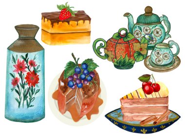 Geleneksel kültür yemeği tatlı fırını ve meyve çaydanlığı çay saati izole elementler