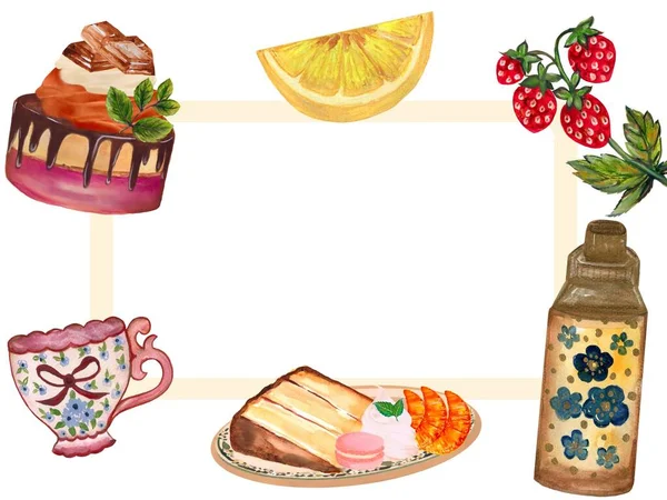 传统的文化食品甜点烘焙和水果茶壶茶杯茶杯问候卡 — 图库照片