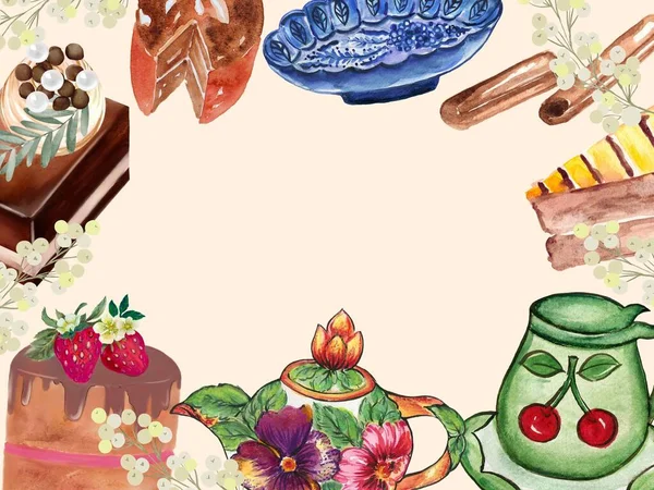 Cultura Tradizionale Cibo Dessert Panetteria Frutta Teiera Biglietto Auguri — Foto Stock