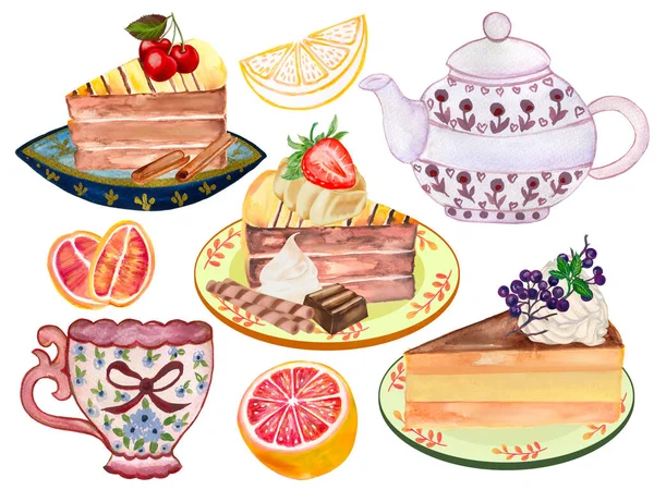 传统的文化食品甜点烘焙和水果茶壶茶杯茶分离元素 — 图库照片