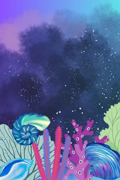 Blue Seashell Natur Växter Botanisk Etikett Banner Bakgrund Tapeter Gratulationskort — Stockfoto
