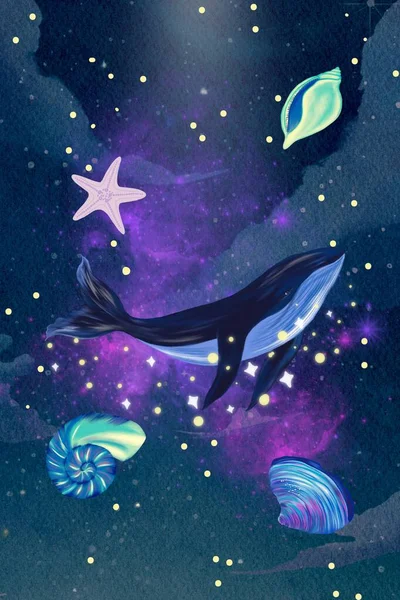 Whales playing blue sky nautical in dream illustration