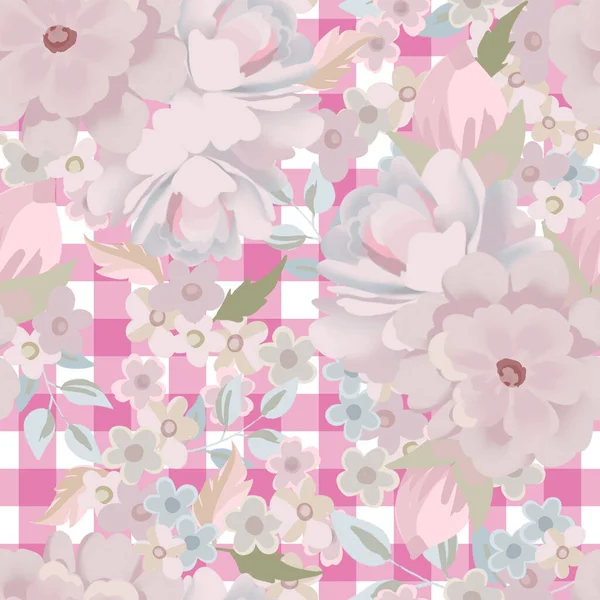 Bouquet Roses Botanical Blossom Flowers Plaid Background Textile Fashion Print — Stock Photo, Image